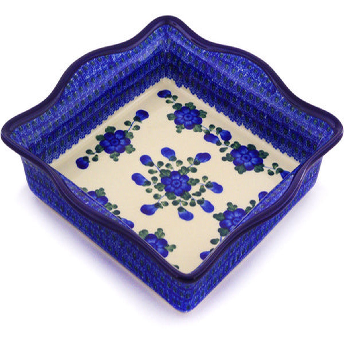 Polish Pottery 12" Square Bowl Blue Poppies - Default Title