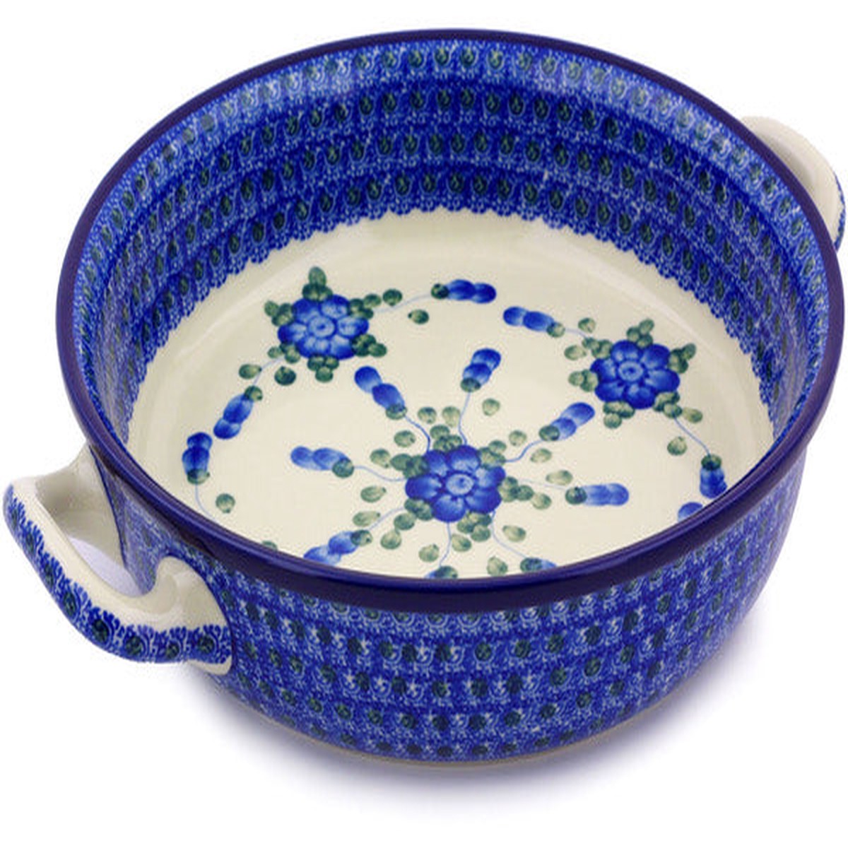 Polish Pottery Medium Round Baker with Handles 10-inch Blue Poppies - Default Title