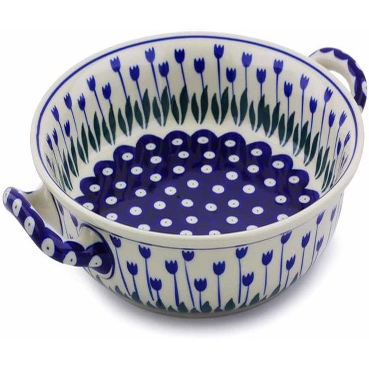 Polish Pottery Medium Round Baker with Handles Blue Tulip Peacock - Default Title